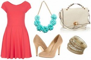 coral-dress-turquoise-statement-necklace-neutral-pumps